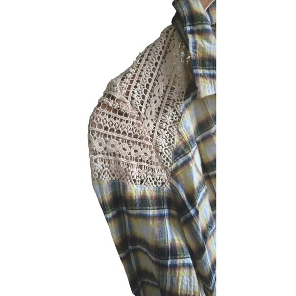 Free People Shirt Women's 2 Tan Plaid Crochet Pearl Snap Pleated Peplum Western - Picture 2 of 10
